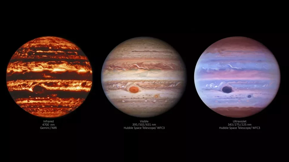 Jupiter captured in visible, ultraviolet, and infrared light